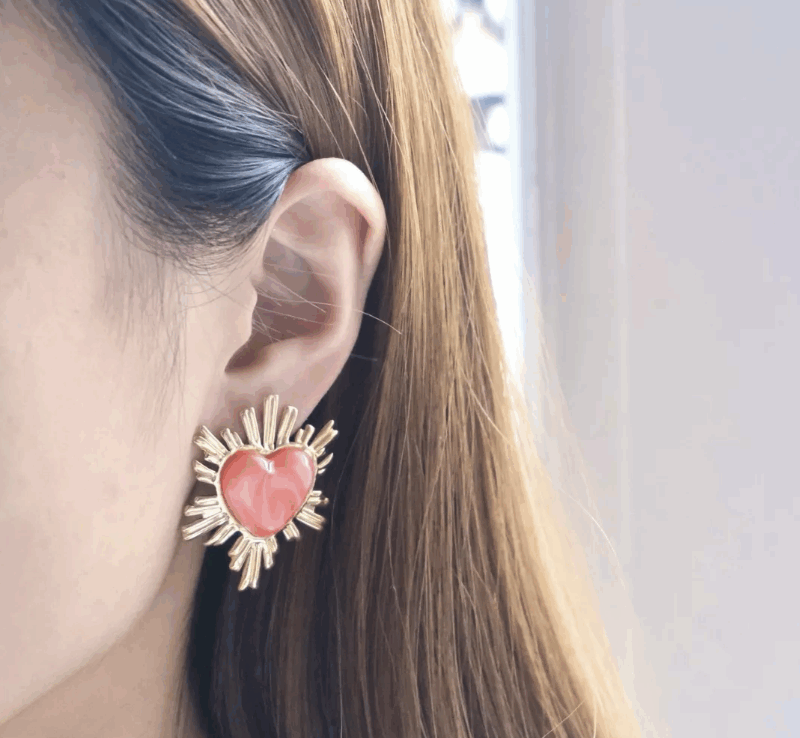 Boucles d'Oreilles en Acier Inoxydable en Forme de Cœur Sacré Résine Corail