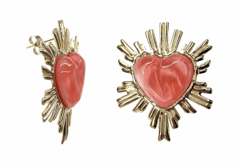 Boucles d'Oreilles en Acier Inoxydable en Forme de Cœur Sacré Résine Corail – Image 2