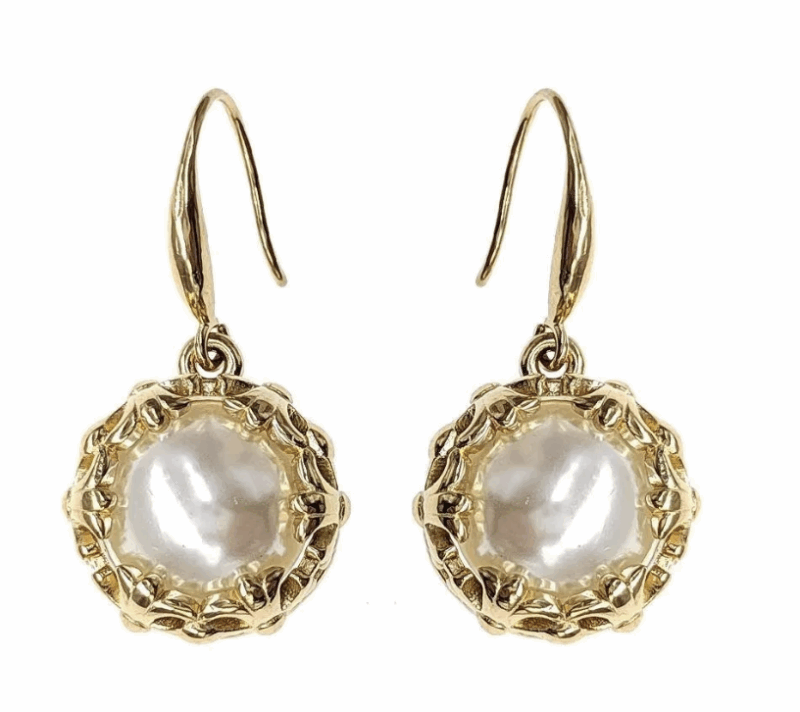 Boucles d’Oreilles en Acier Inoxydable Doré, Perle Blanche – Image 2