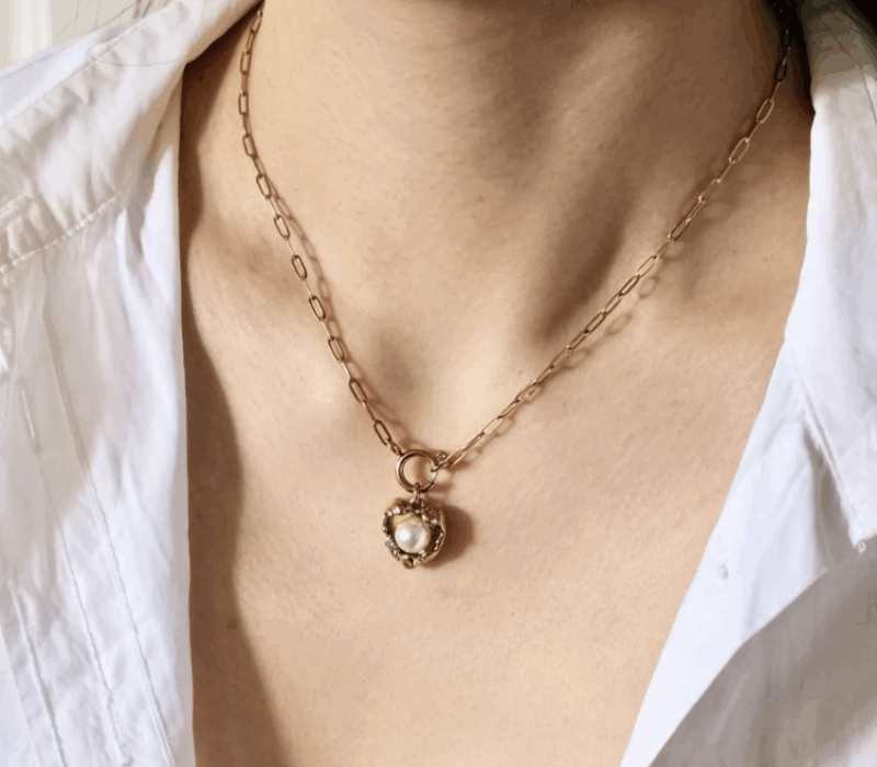 Collier en Acier Inoxydable Doré, Coeur Pendant Perle Blanche