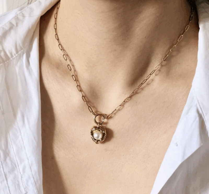 Collier en Acier Inoxydable Doré, Coeur Pendant Perle Blanche