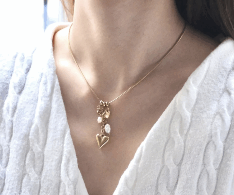 Collier Maille Serpent en Acier Inoxydable Coeur et Perles Nacrées