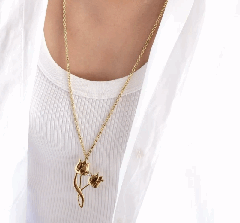 Collier Sautoir en Acier Inoxydable Pendentif Tulipes
