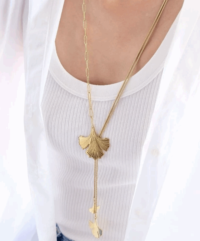 Collier Sautoir Y en Acier Inoxydable Ginkgo