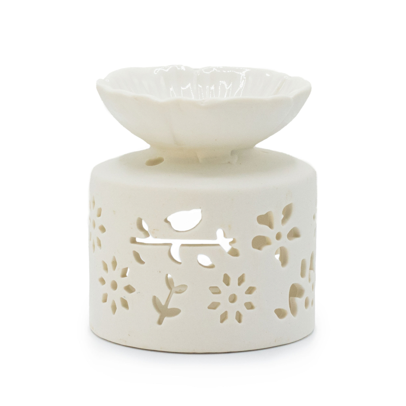 Brûle Parfum en Céramique Blanche Mat, Oiseaux et Fleurs