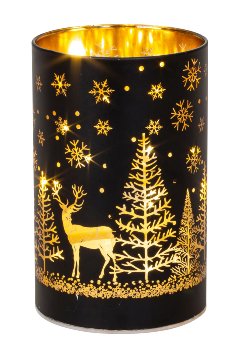 Photophore en Verre Noir et Or, Décor Hivernal, avec LED, ø9xH.14cm