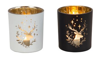 Photophore en Verre Décor Cerf, 2 Couleurs au Choix ø7xH.8cm