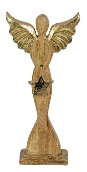 Ange en Bois Naturel, Ailes et Étoiles Dorées 14,5xH.32cm