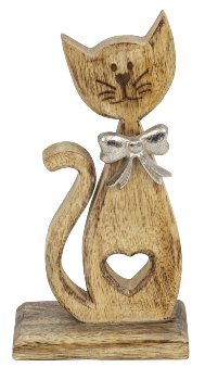 Chat en Bois Naturel sur Socle avec Noeud Argenté 10xH.20,5cm