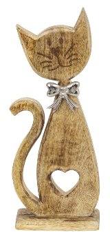 Chat en Bois Naturel sur Socle avec Noeud Argenté 13xH.33,5cm