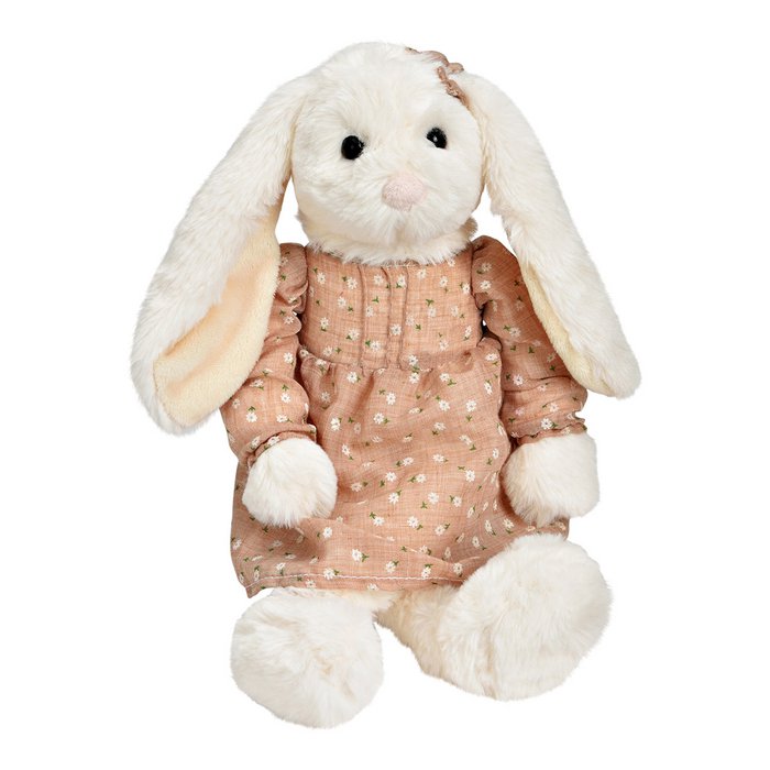 Peluche Lapin Doux avec Robe à Fleurs  Blanc / Rose 18x38x12cm