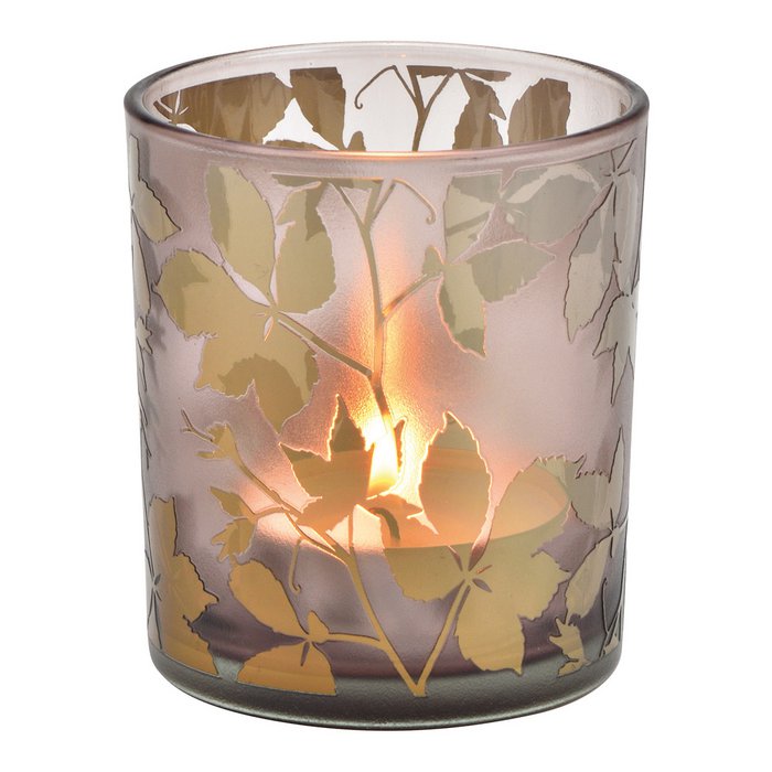 Photophore en Verre Gris Gravure Feuilles 9x10x9cm