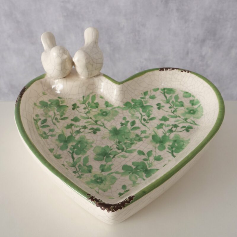 Bain d'Oiseaux "Kate" en Céramique Craquelé Verte Florale H.7,50cm