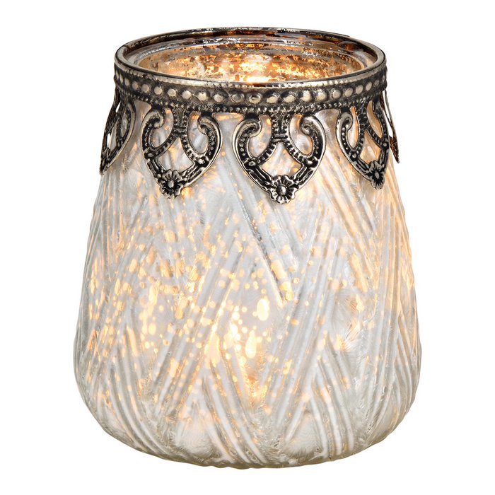 Photophore avec Bord Métallique en Verre Blanc 9x10x9cm