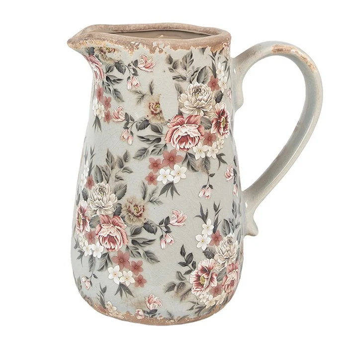 Pichet Décoratif en Céramique Grise Décor Floral 16x12x18cm