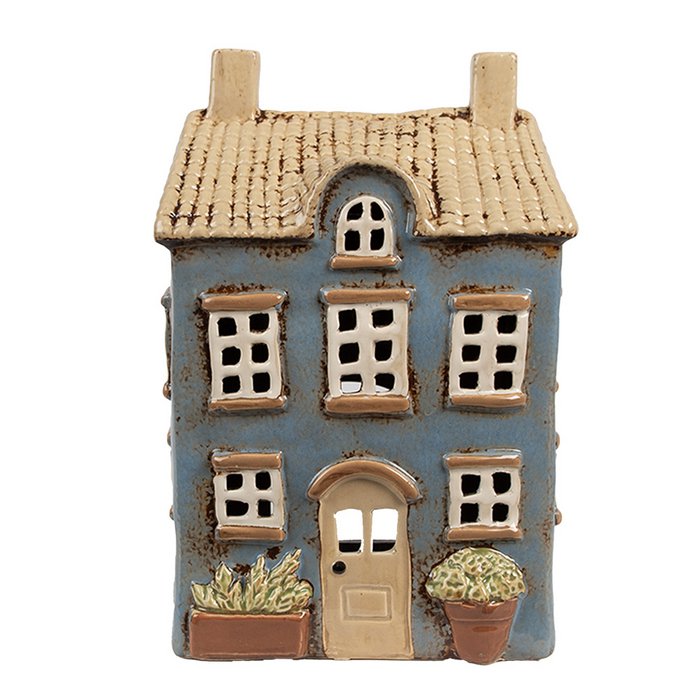 Maison Lanterne en Céramique Beige et Bleue 16x10x23 cm