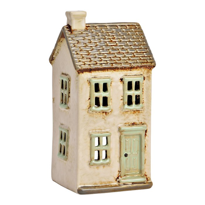 Maison Lanterne en Terre Cuite Gris/Beige 10x20x8cm