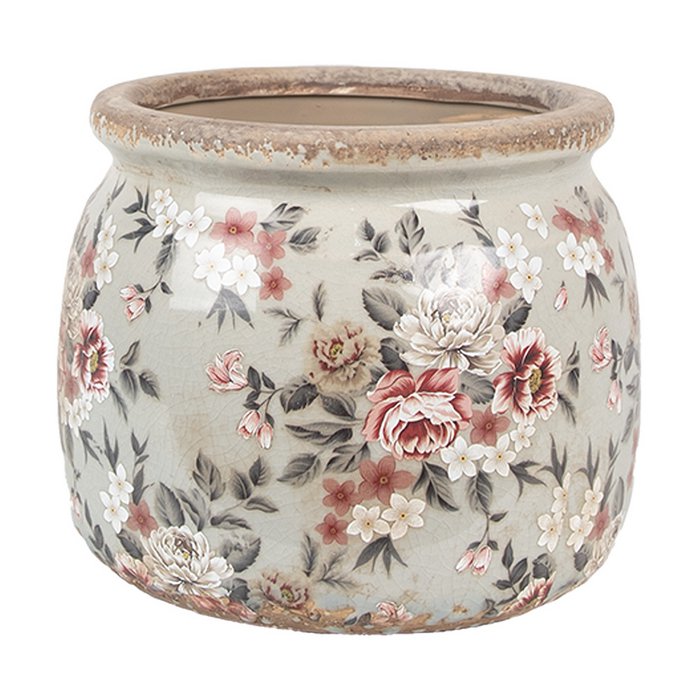 Pot de Fleurs en Céramique Grise Motif Floral Ø 16x13 cm