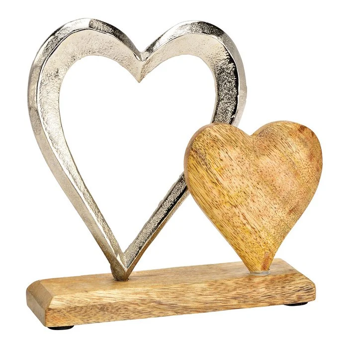 Coeurs en Bois de Manguier Naturel et Métal Argenté 15x17x5cm