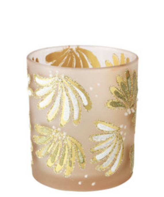 Photophore 'Glitter Fan' en Verre Rose et Or 9x9x10cm