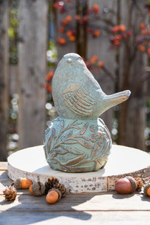 Oiseau sur Boule, Gris/Or, Ciment, 14x11x19cm