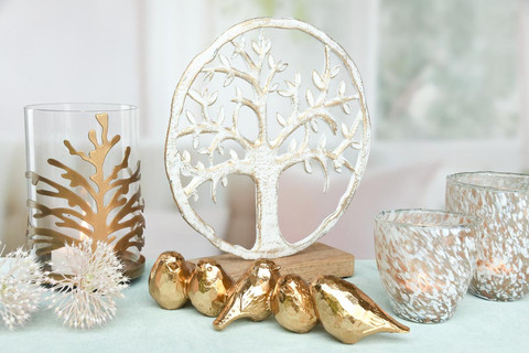 Arbre de Vie dans Cercle en Métal Doré sur Pied en Bois 22x6x25cm