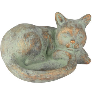 Chat Déco Couché, Gris/Or en Ciment, 25x20x14cm