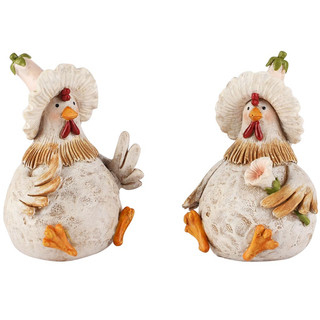 Poule Assise avec Chapeau Fleur en Résine, 2 Modèles au Choix, 7x6x10cm