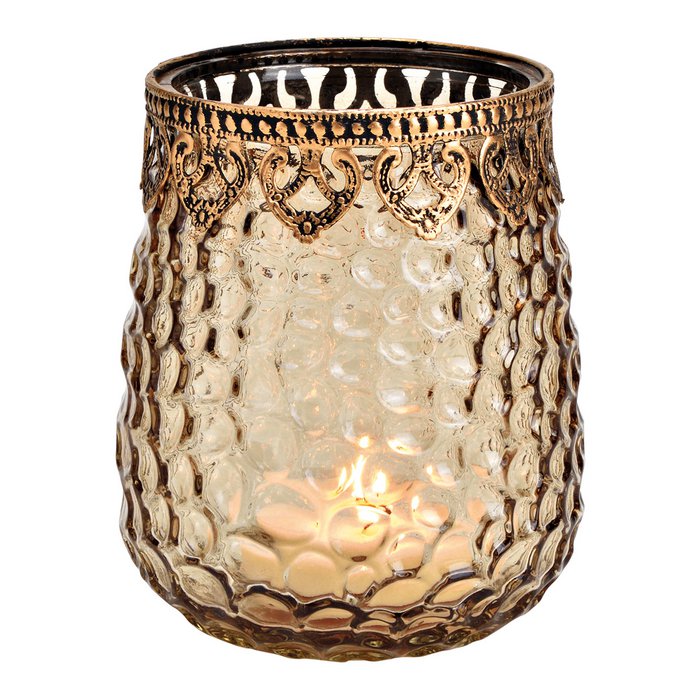 Photophore avec Bord Métallique en Verre Marron 11x14x11cm