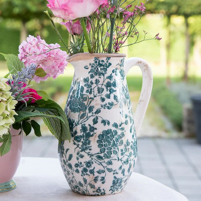Pichet Décoratif en Céramique Verte Florale 16x12x22 cm