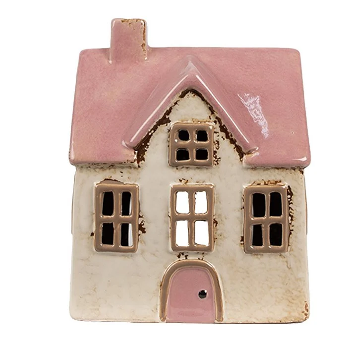 Maison Lanterne en Céramique Rose et Beige 13x10x16 cm