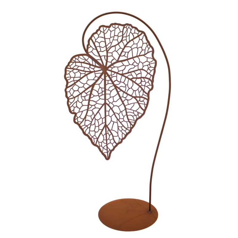 Feuille Ajourée sur Tige Courbée avec Socle, en Métal Rouillé 42xH.85cm