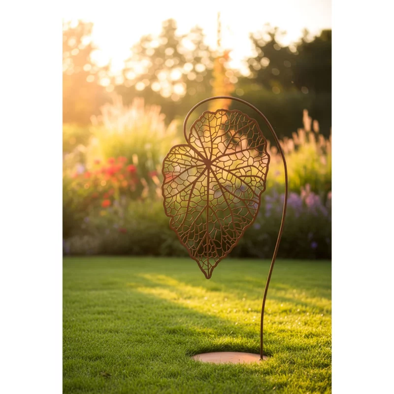Feuille Ajourée sur Tige Courbée avec Socle, en Métal Rouillé 37xH.78cm