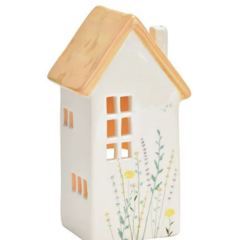 Maison Lanterne en Céramique Fleurie Blanc/Orange 8x16x7cm