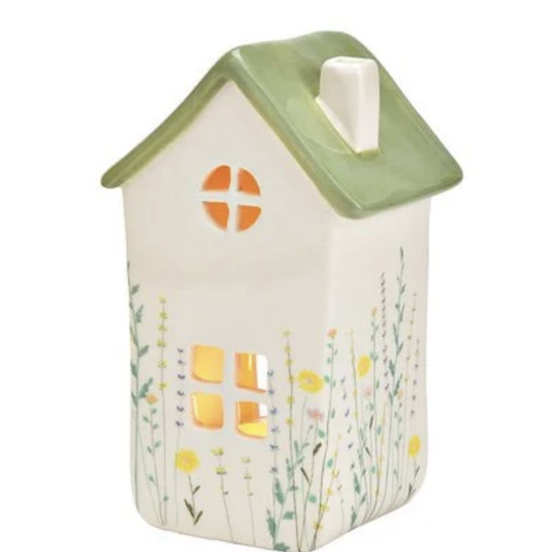 Maison Lanterne en Céramique Fleurie Blanc/Vert 9x14x7cm