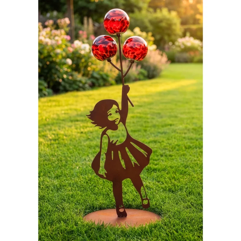 Fille aux Ballons sur Socle en Métal Rouillé, 3 Boules en Verre ø7cm, Divers Coloris, 20x H.60cm