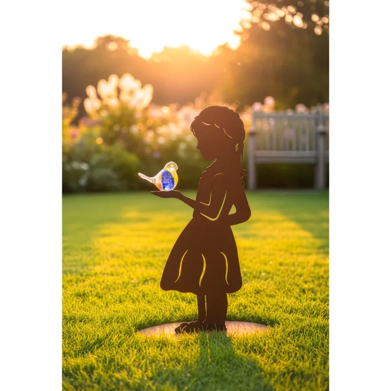 Fillette avec Oiseau en Verre sur Socle en Métal Rouillé 25xH.52cm