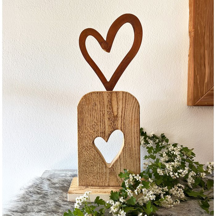 Coeur Décoratif en Métal Rouillé et Bois d'Epicéa Flammé 25xH.55cm