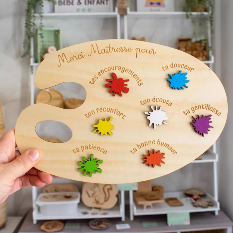 Palette Peinture en Bois avec Couleurs "Merci Maitresse"