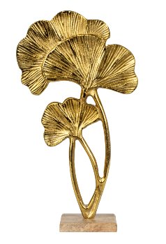 Sculpture de 3 Feuilles de Ginkgo en Métal Doré sur Socle en Bois 21xH.38,5cm