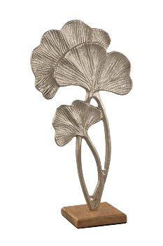 Sculpture de 3 Feuilles de Ginkgo en Métal Argenté sur Socle en Bois 20xH.39cm