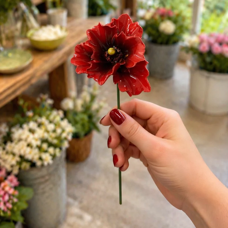 Coquelicot d'Orient Rouge en Céramique ø6-7cm sur Tige 29cm