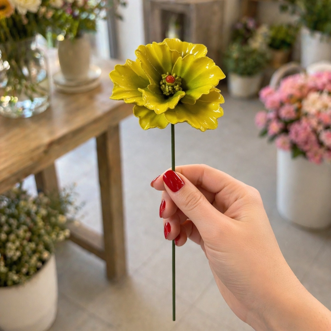 Coquelicot d'Orient Jaune en Céramique ø6-7cm sur Tige 29cm