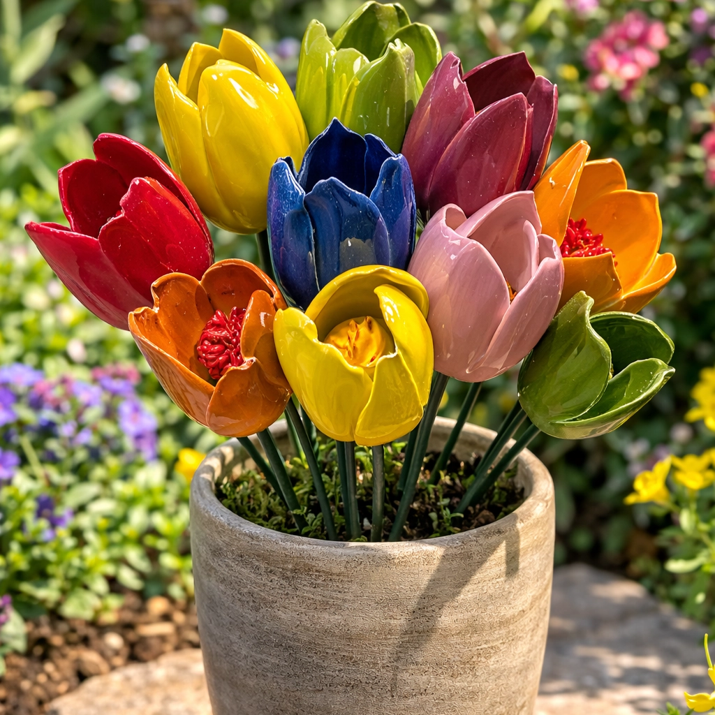 Tulipe Orange en Céramique ø6-7cm sur Tige 29cm – Image 2