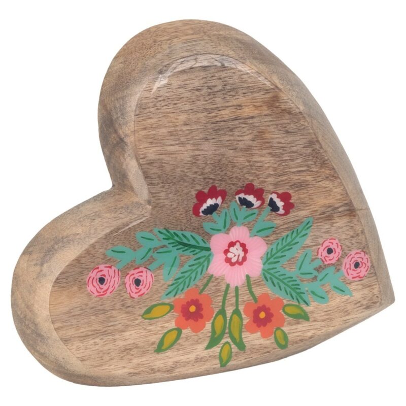 Coeur à Poser en Bois de Manguier décor Floral 19x2,5x20cm