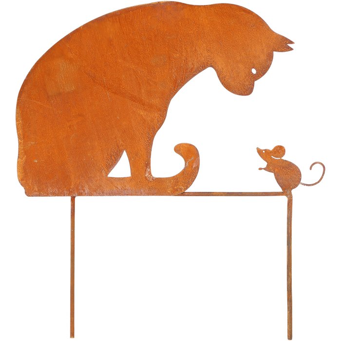 Piquet Chat avec Souris en Métal Rouillé 30x50cm