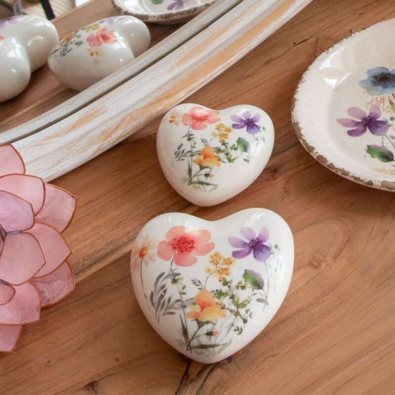Coeur à Poser en Céramique décor Floral 10,5x10,5x4,5cm