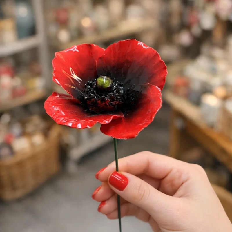 Coquelicot Rouge en Céramique ø6-7cm sur Tige 29cm