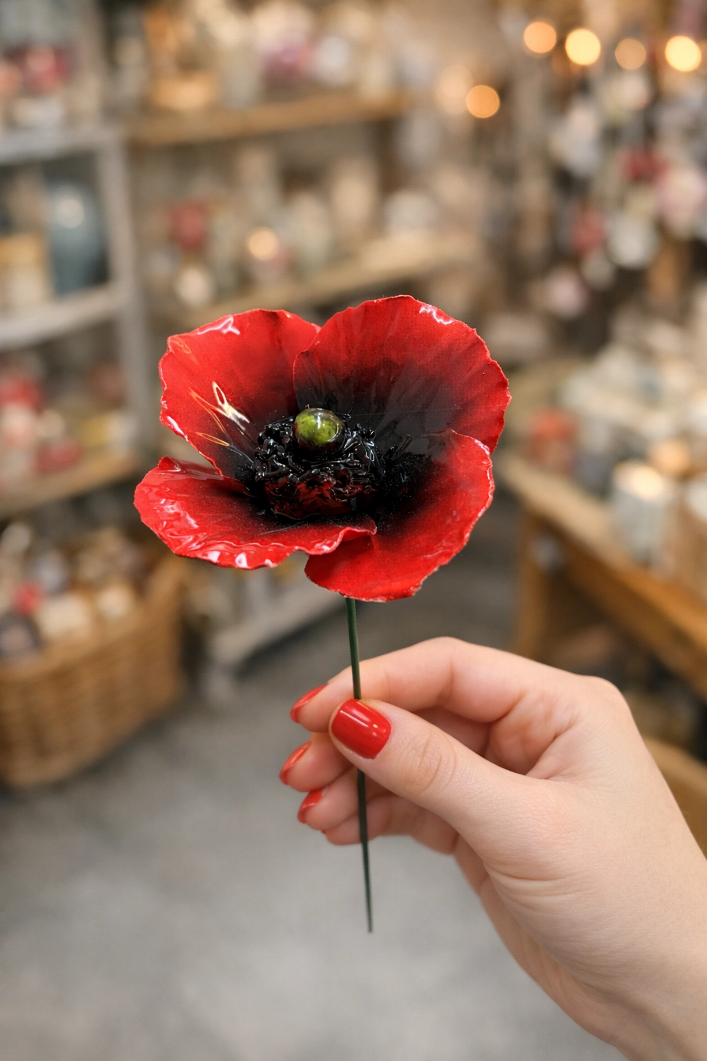 Coquelicot Rouge en Céramique ø6-7cm sur Tige 29cm