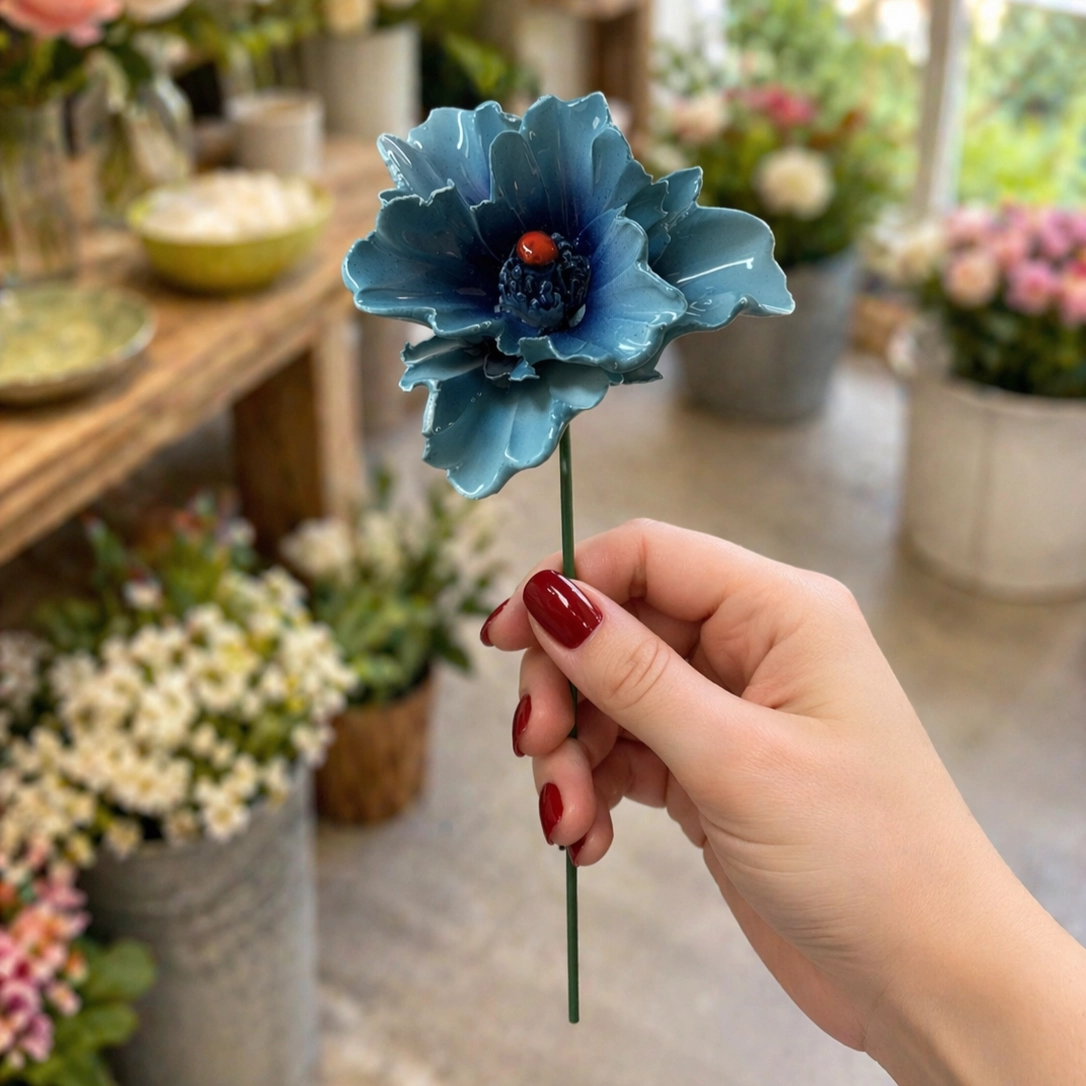 Coquelicot d'Orient Bleu en Céramique ø6-7cm sur Tige 29cm